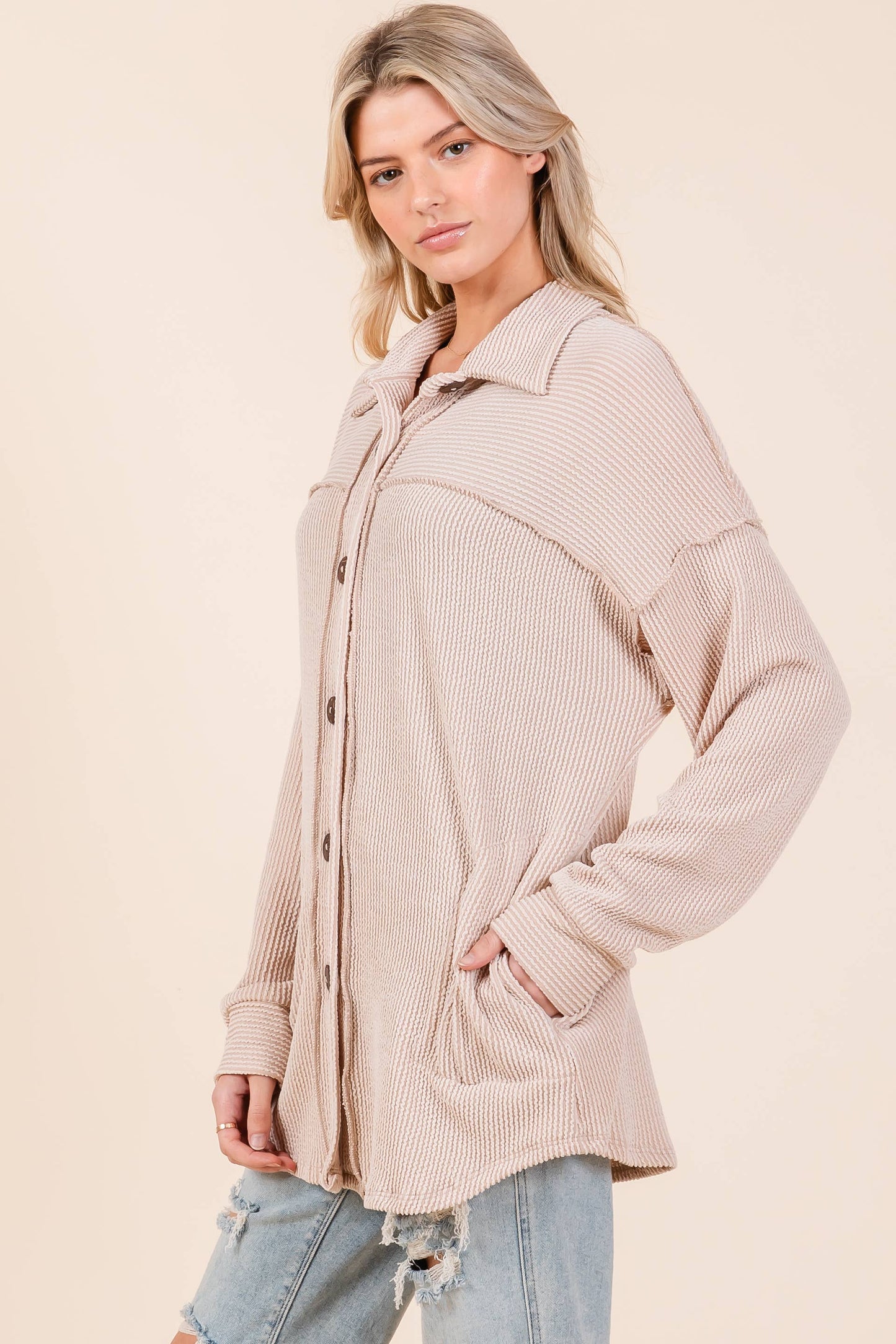 RIB KNIT BUTTON DOWN SHACKET