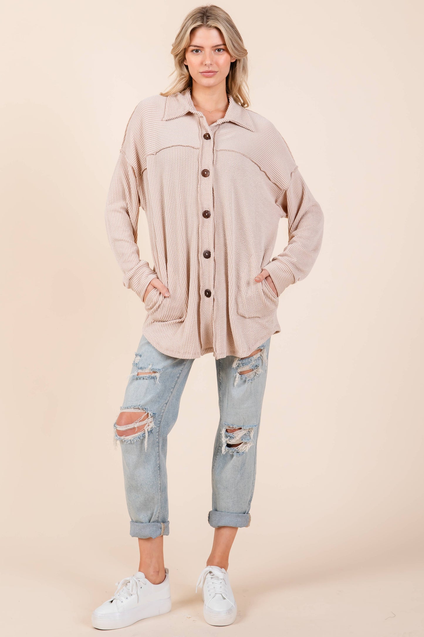 RIB KNIT BUTTON DOWN SHACKET