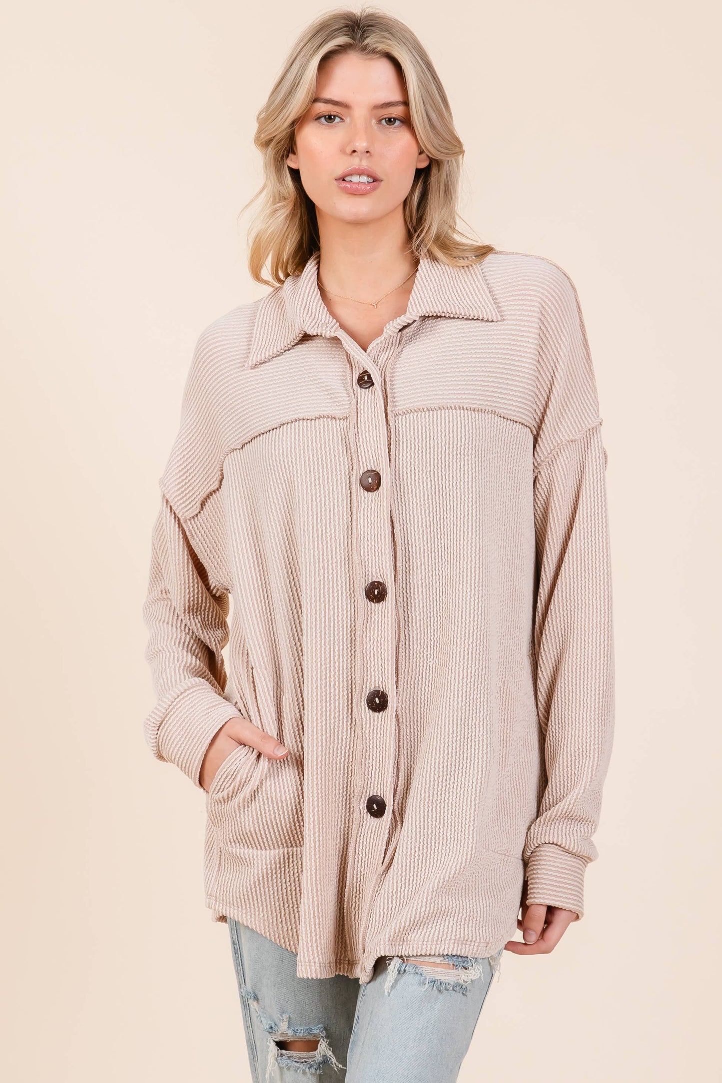 RIB KNIT BUTTON DOWN SHACKET