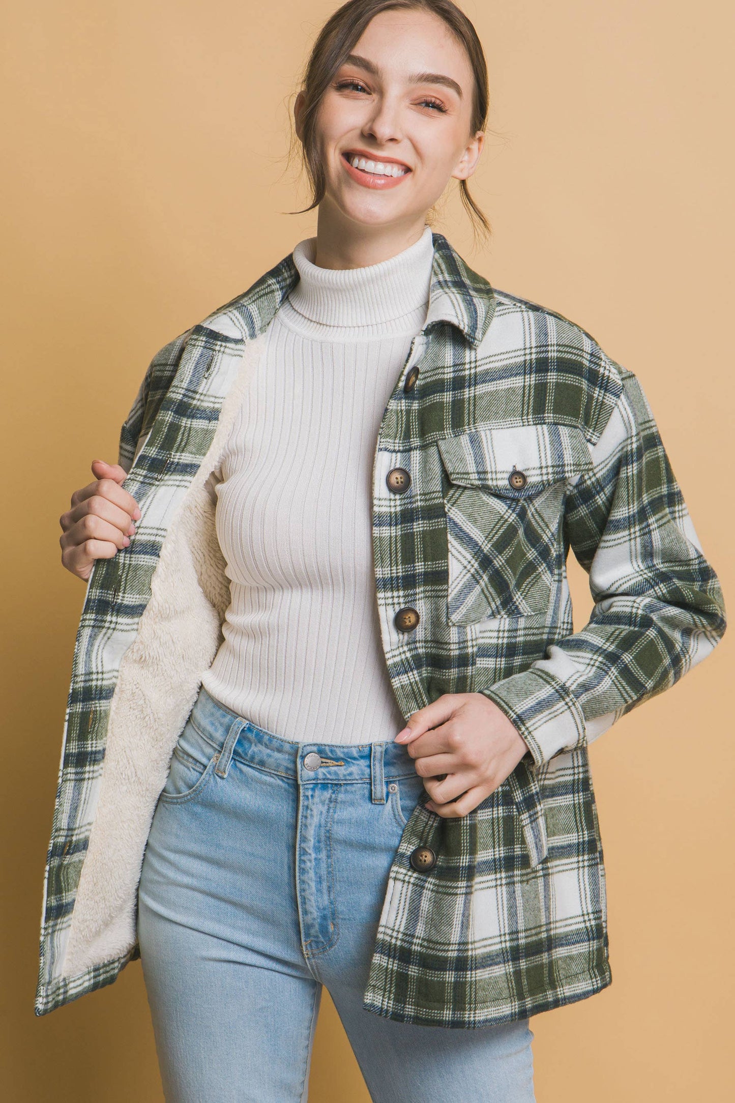 Plaid Button Up Sherpa Jacket