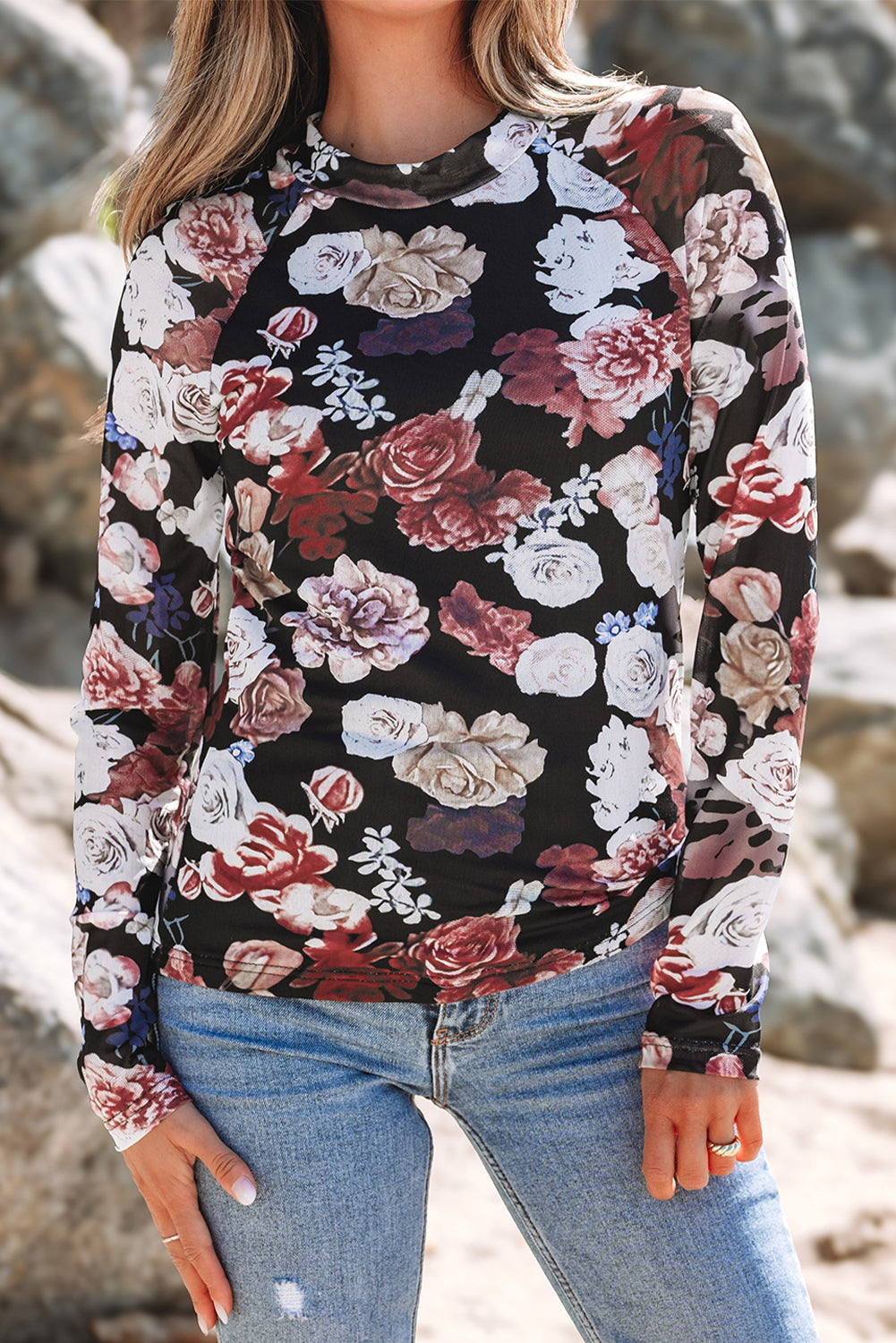 Pink Floral Mesh Top