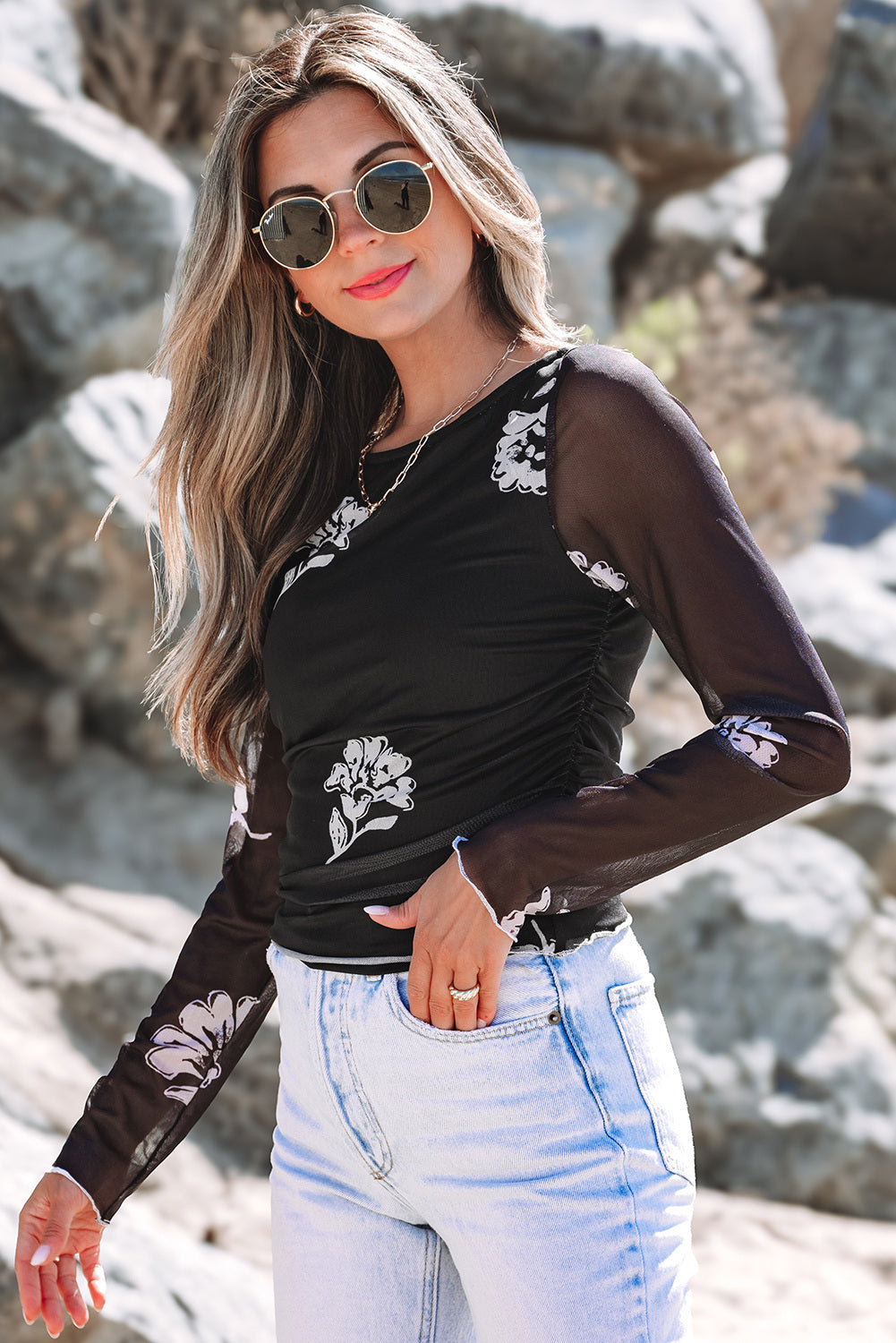 White and Black Floral Mesh Top