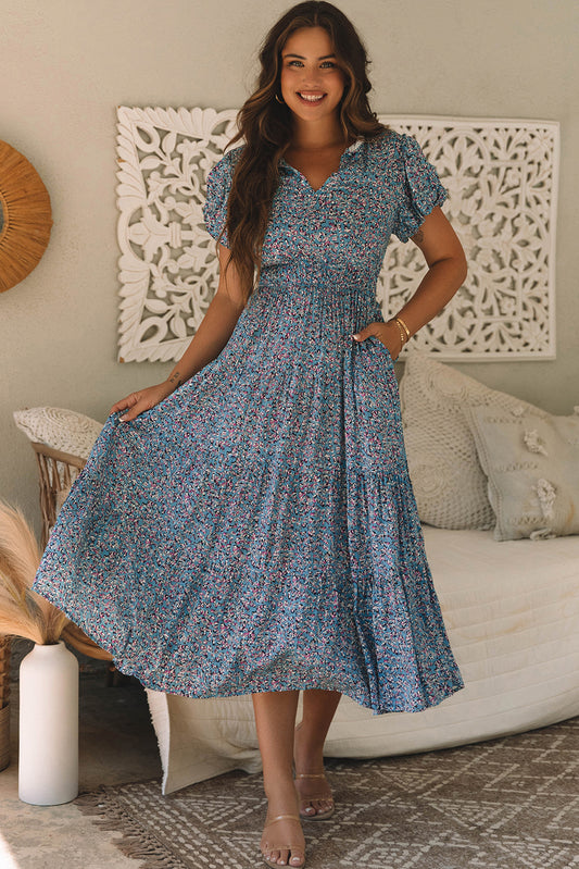 Blue Puff Sleeve Maxi Dress