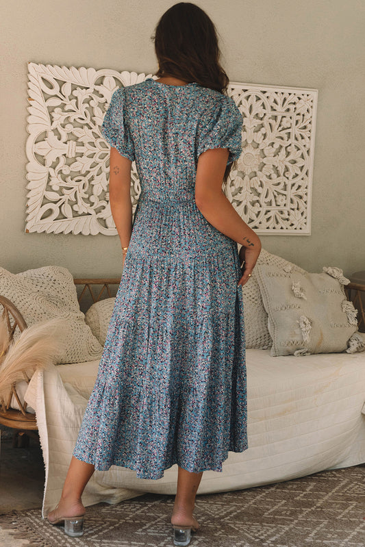 Blue Puff Sleeve Maxi Dress