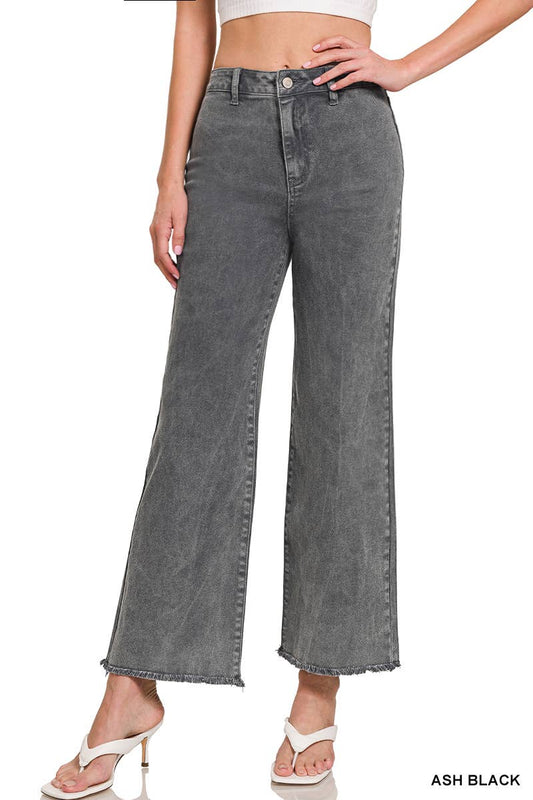 Gray Acid Washed Frayed Cutoff Hem Straight Wide Pants