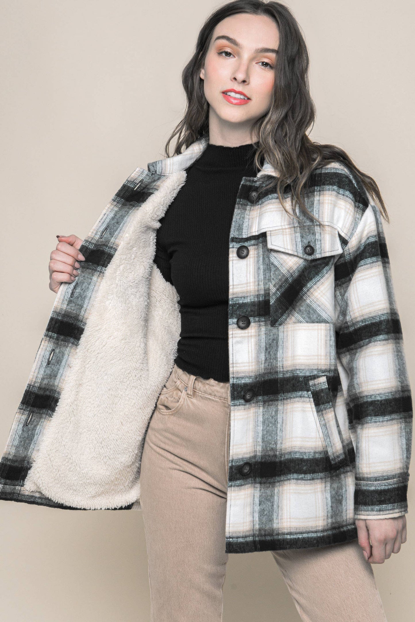 ,.SI-25168 Plaid Button Up Jacket with Sherpa Lining: BLACK-158770 / S