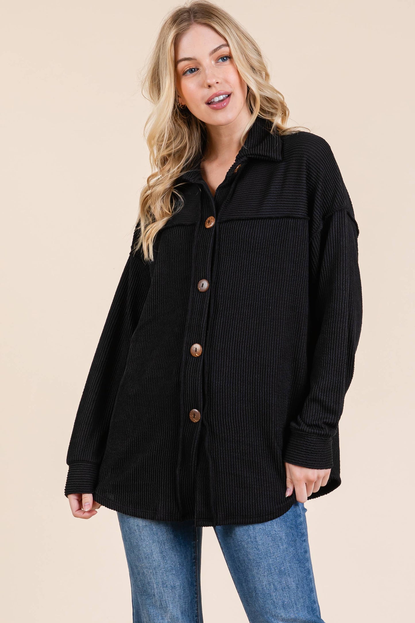 TL1990 RIB KNIT BUTTON DOWN SHACKET: Charcoal / Solid / XL