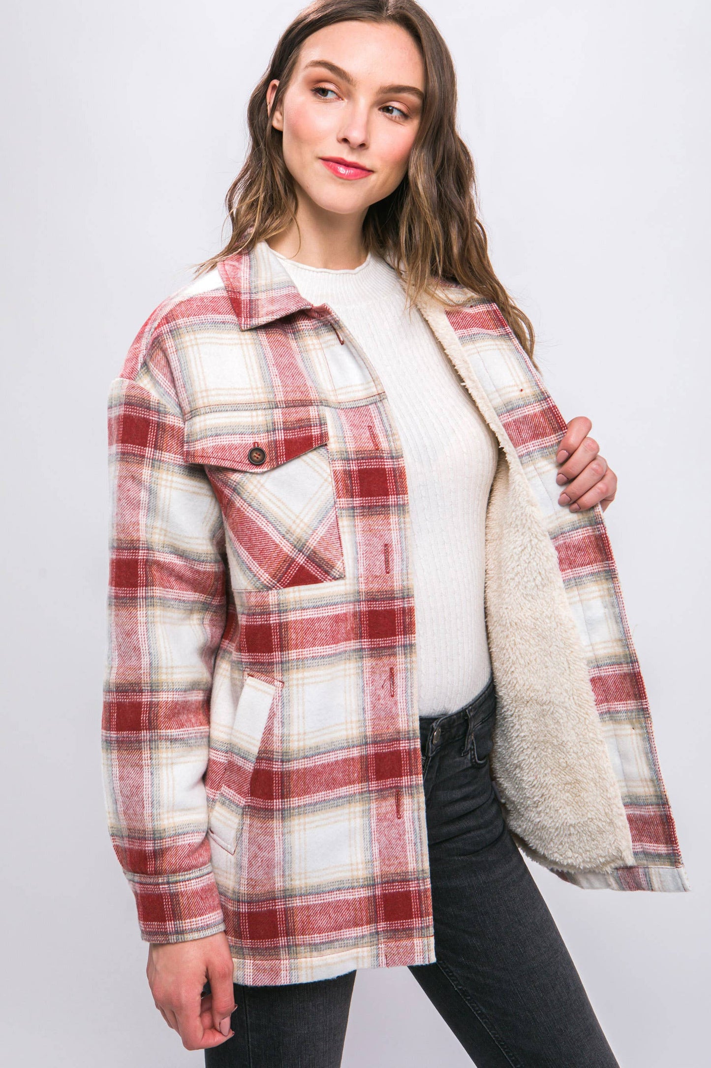 ,.SI-25168 Plaid Button Up Jacket with Sherpa Lining: BLACK-158770 / M