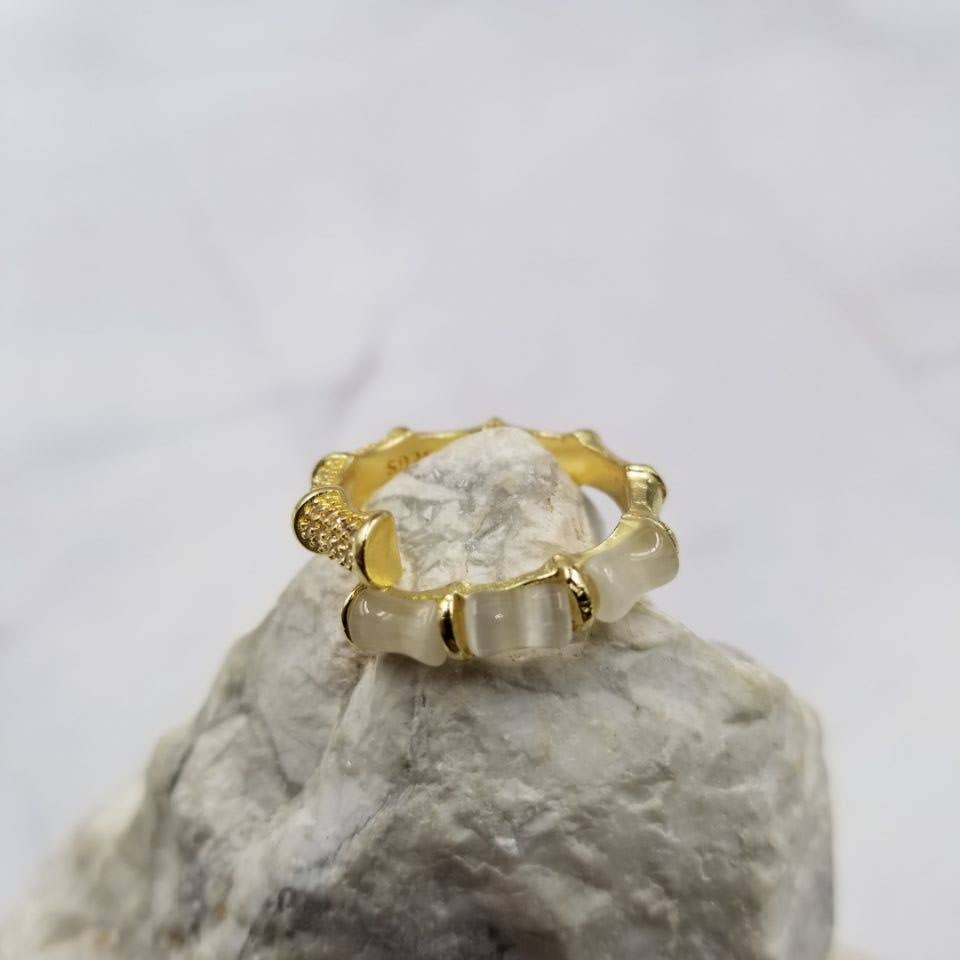 Gold Plated Open Adjustable Crystal Bamboo Ring