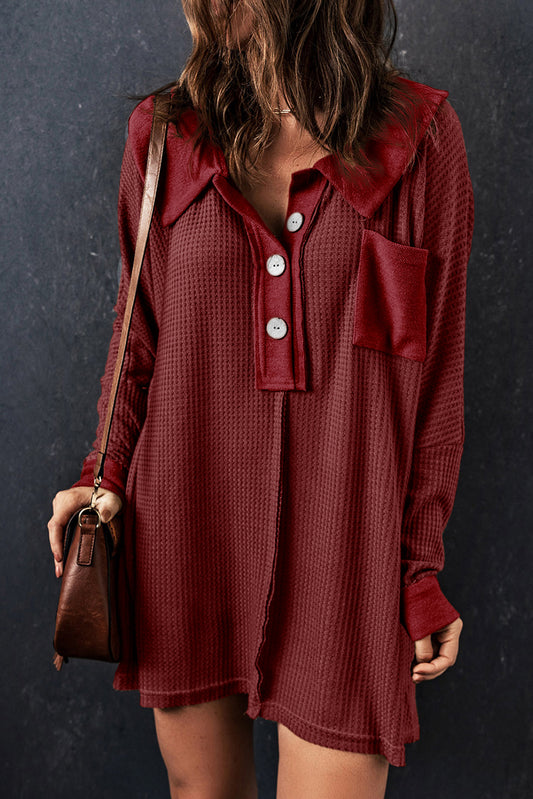 Red Waffle Knit Long Sleeve Top
