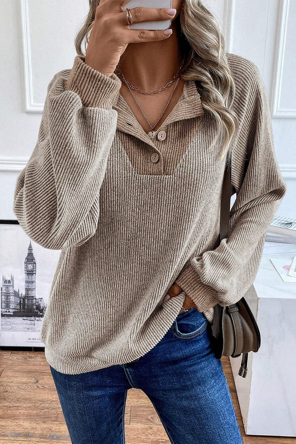 Button Ribbed Long Sleeve Top