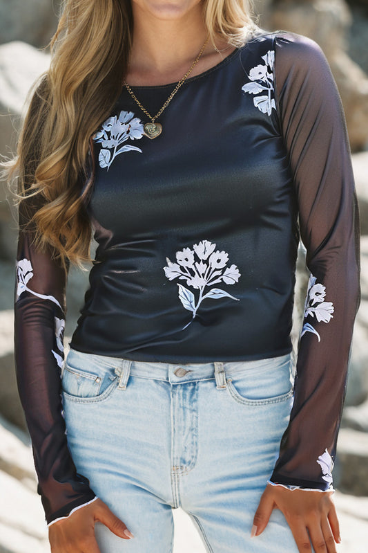 White and Black Floral Mesh Top