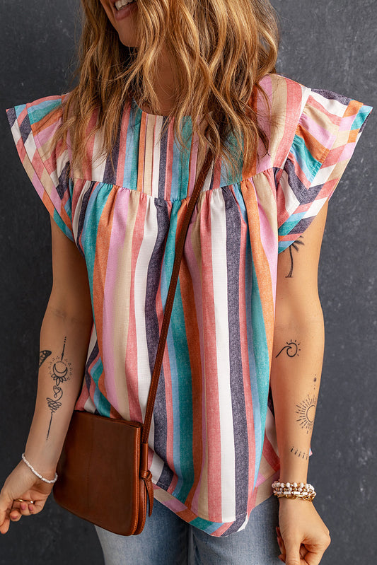 Multicolor Striped Ruffle Sleeve Top