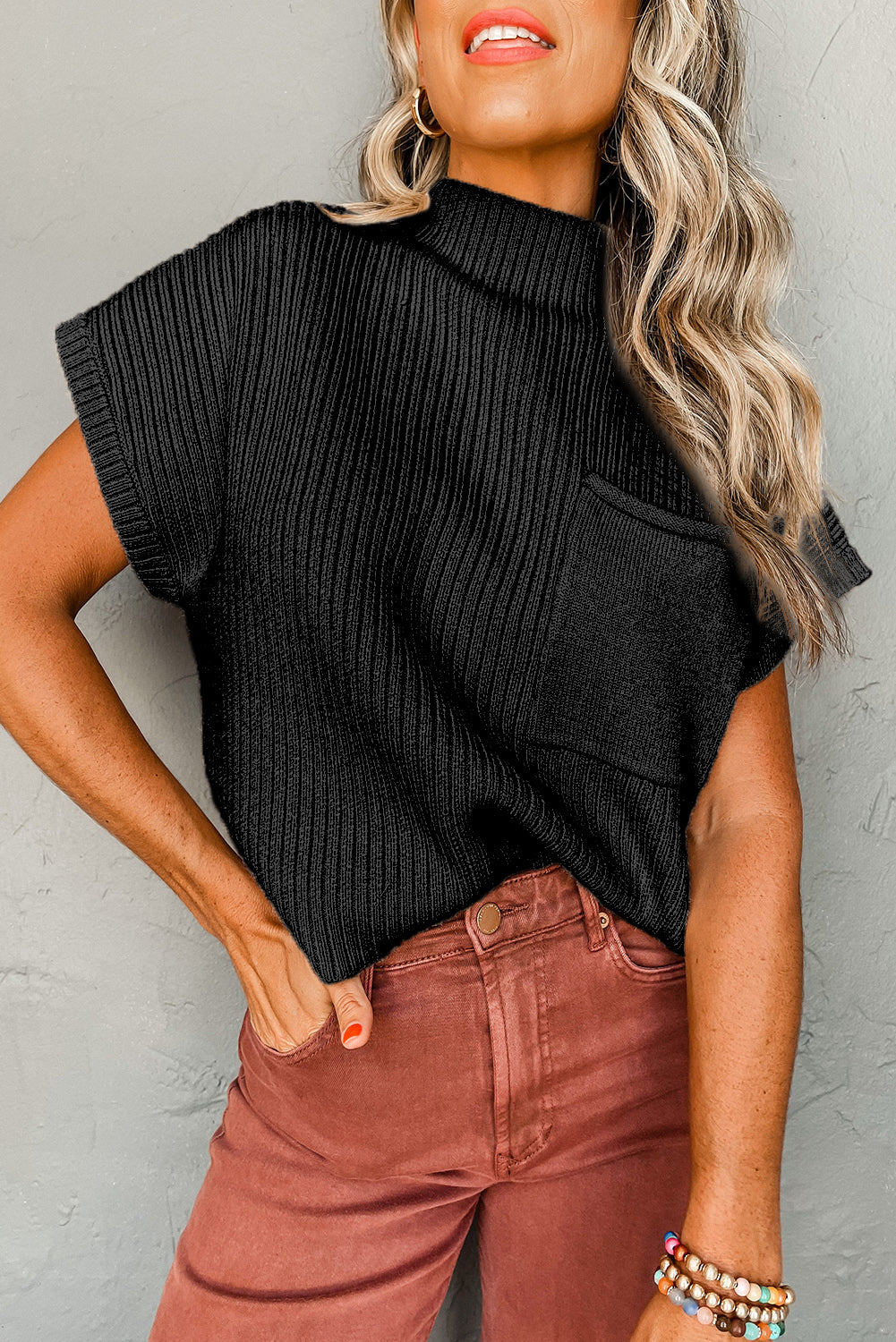 Black Ribbed Short Sleeve Sweater