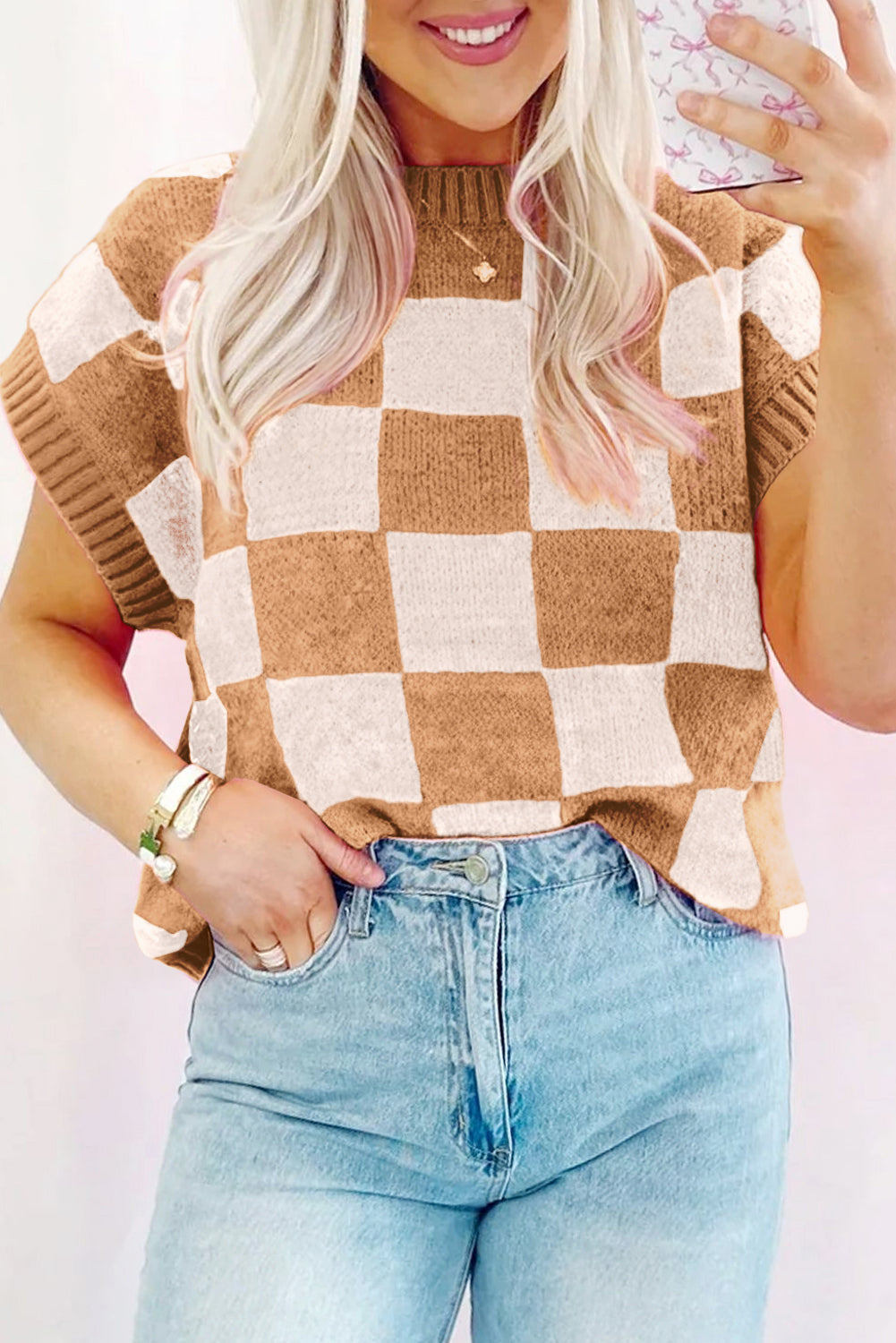 Brown and White Checkered Top