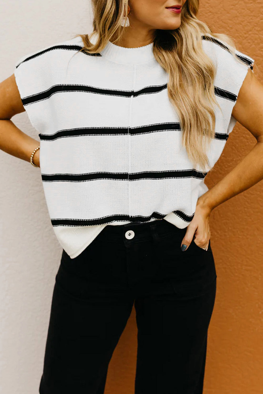 White and Black Striped Sweater Tee