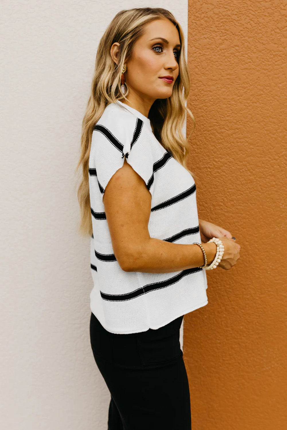 White and Black Striped Sweater Tee