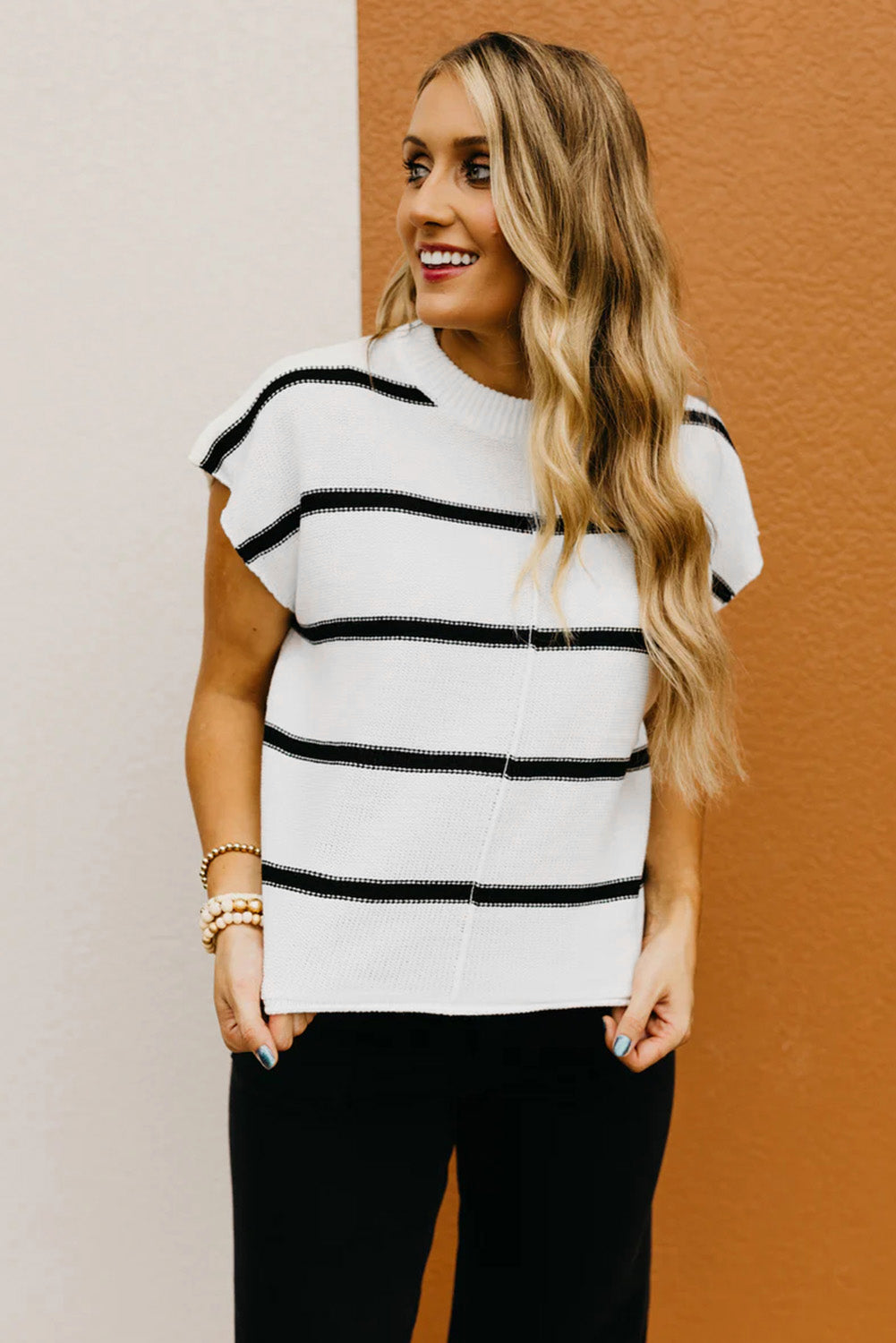 White and Black Striped Sweater Tee