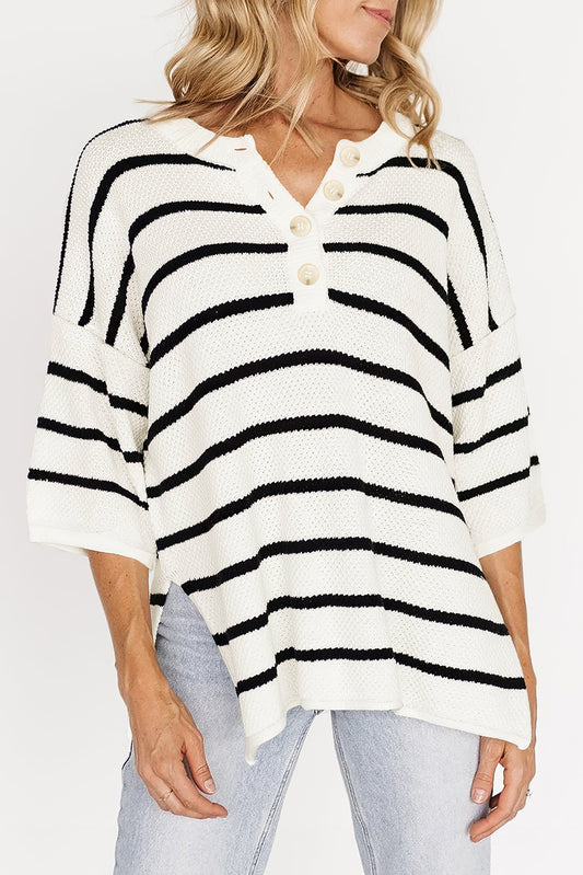 White Striped Button Tee