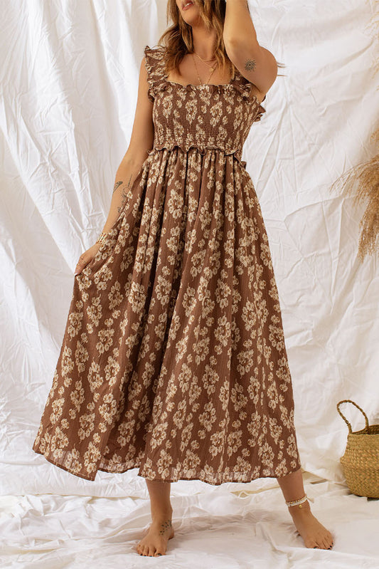 Brown Floral Smocked Dress