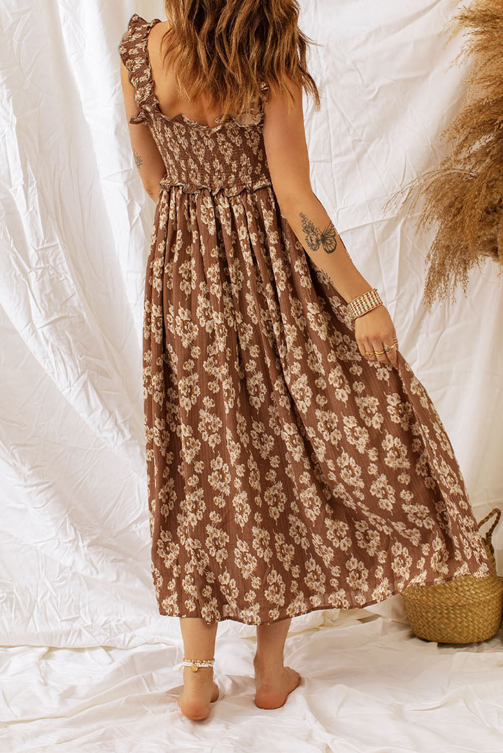 Brown Floral Smocked Dress