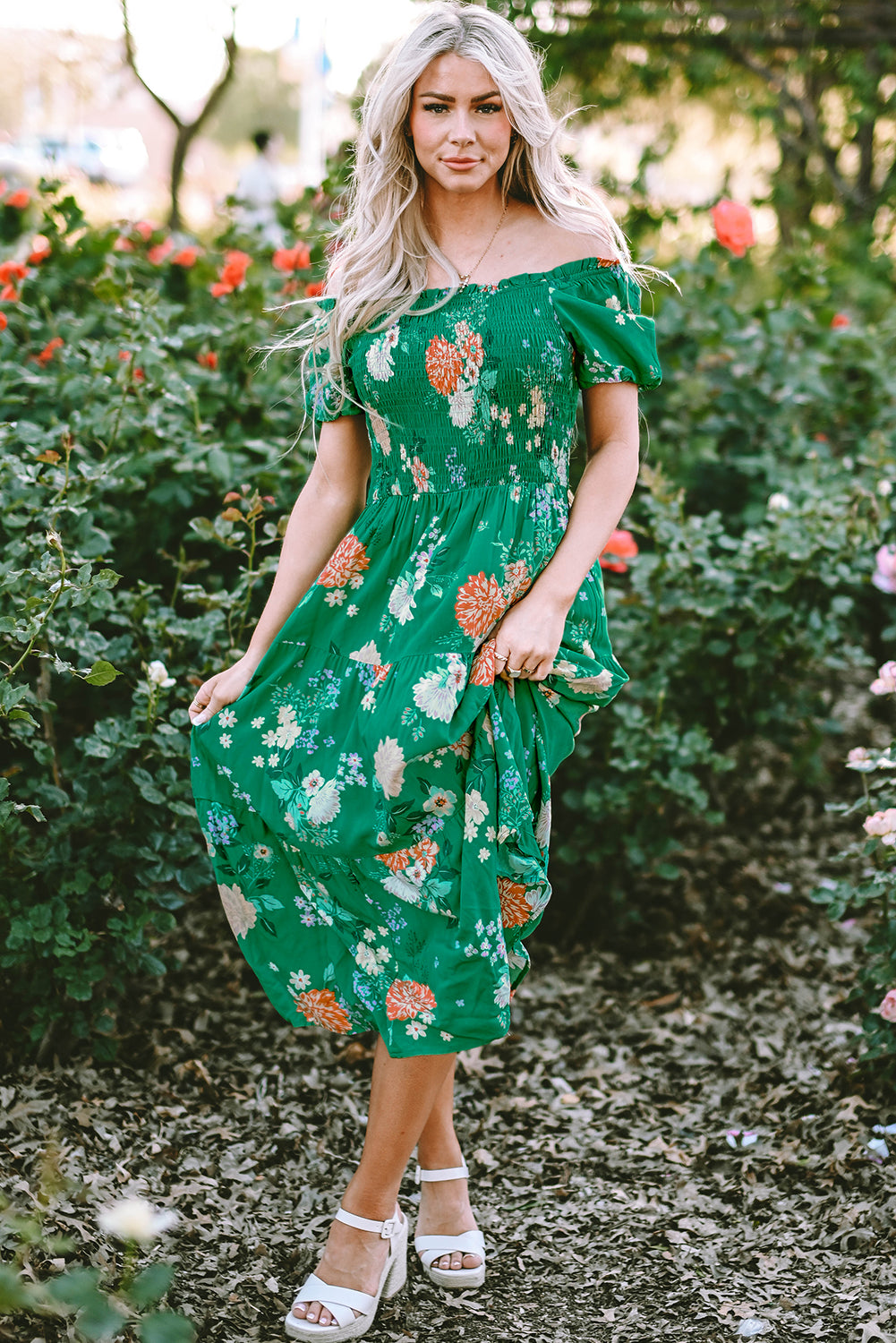 Green Floral Smocked Dress