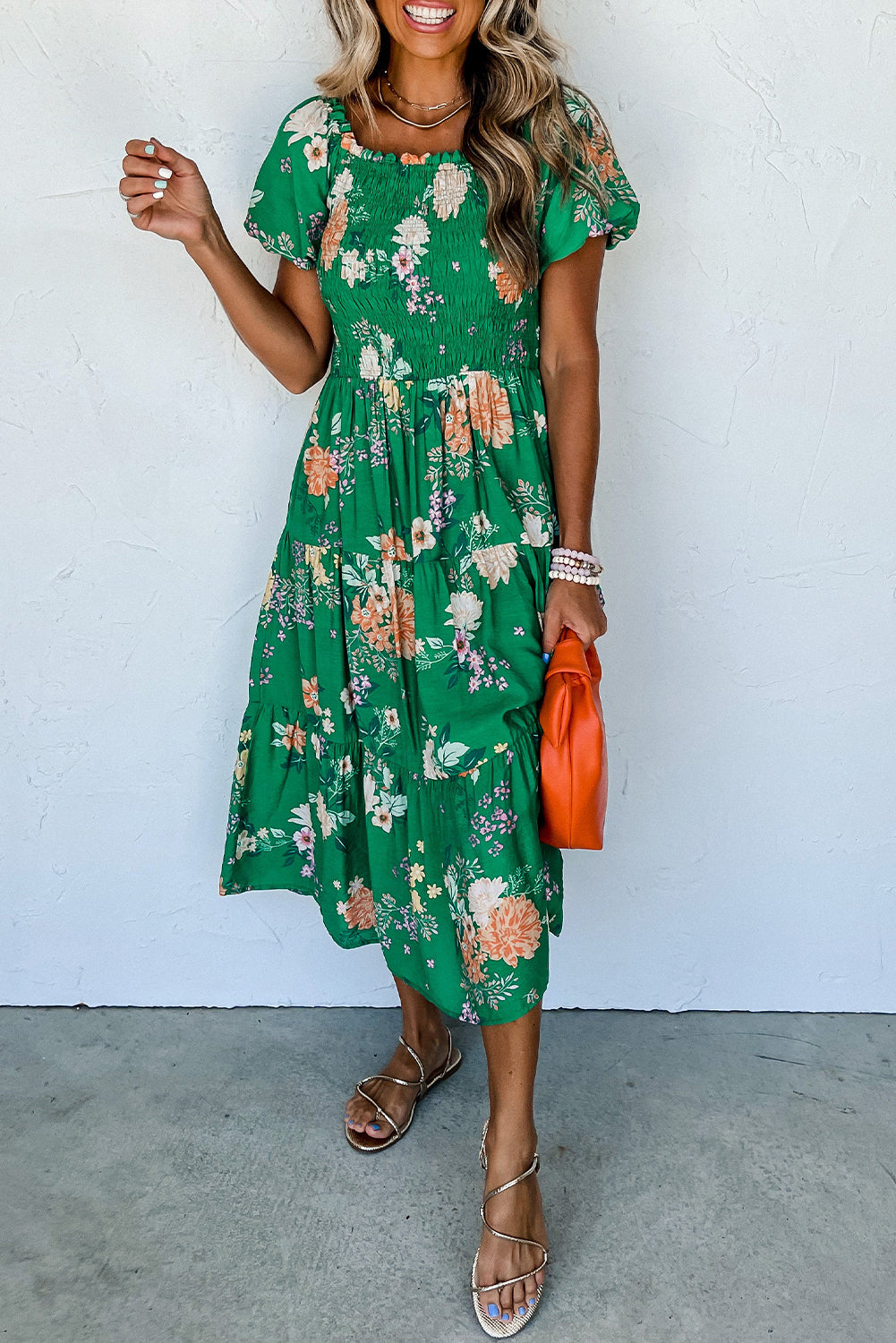 Green Floral Smocked Dress