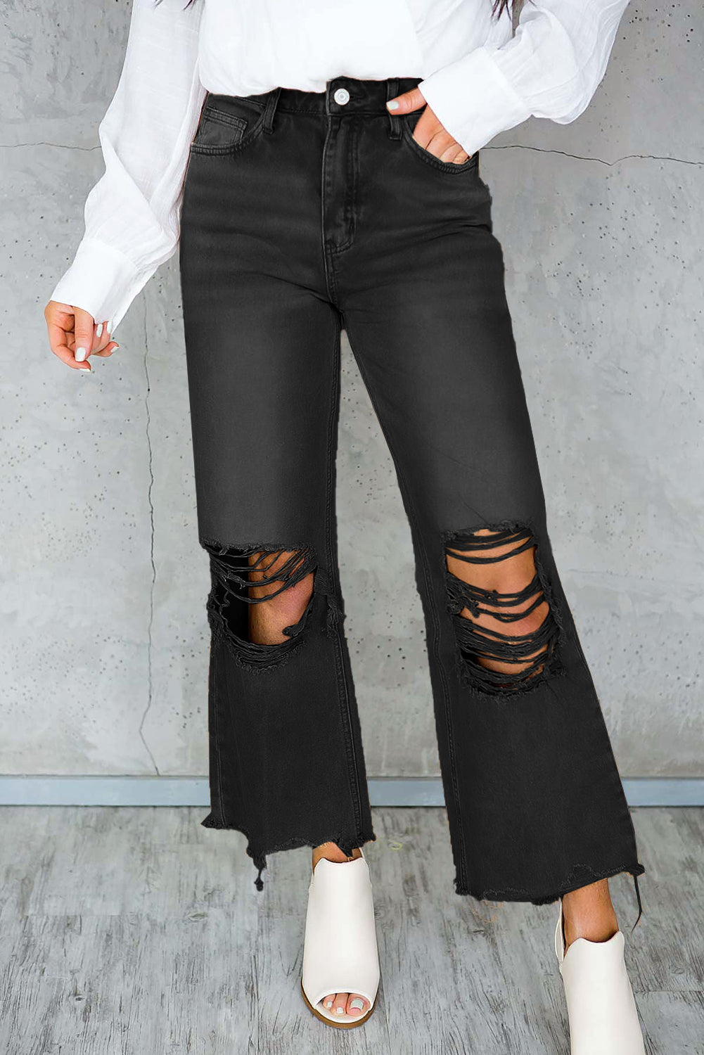 Black Distressed Cropped Flare Jean