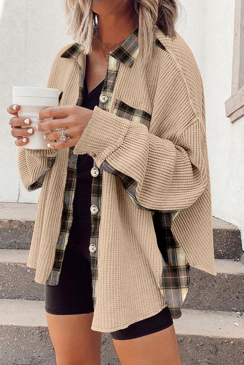 Plaid and Waffle Knit Shacket