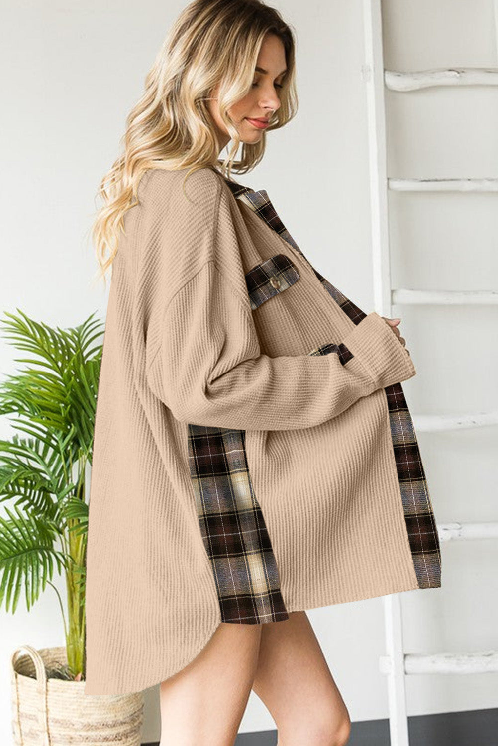 Plaid and Waffle Knit Shacket