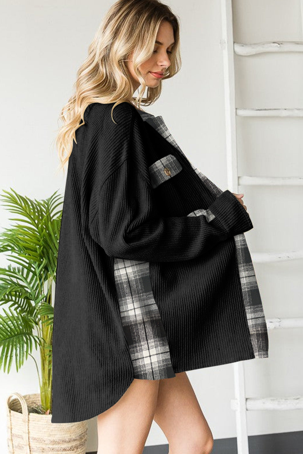 Plaid and Waffle Knit Shacket