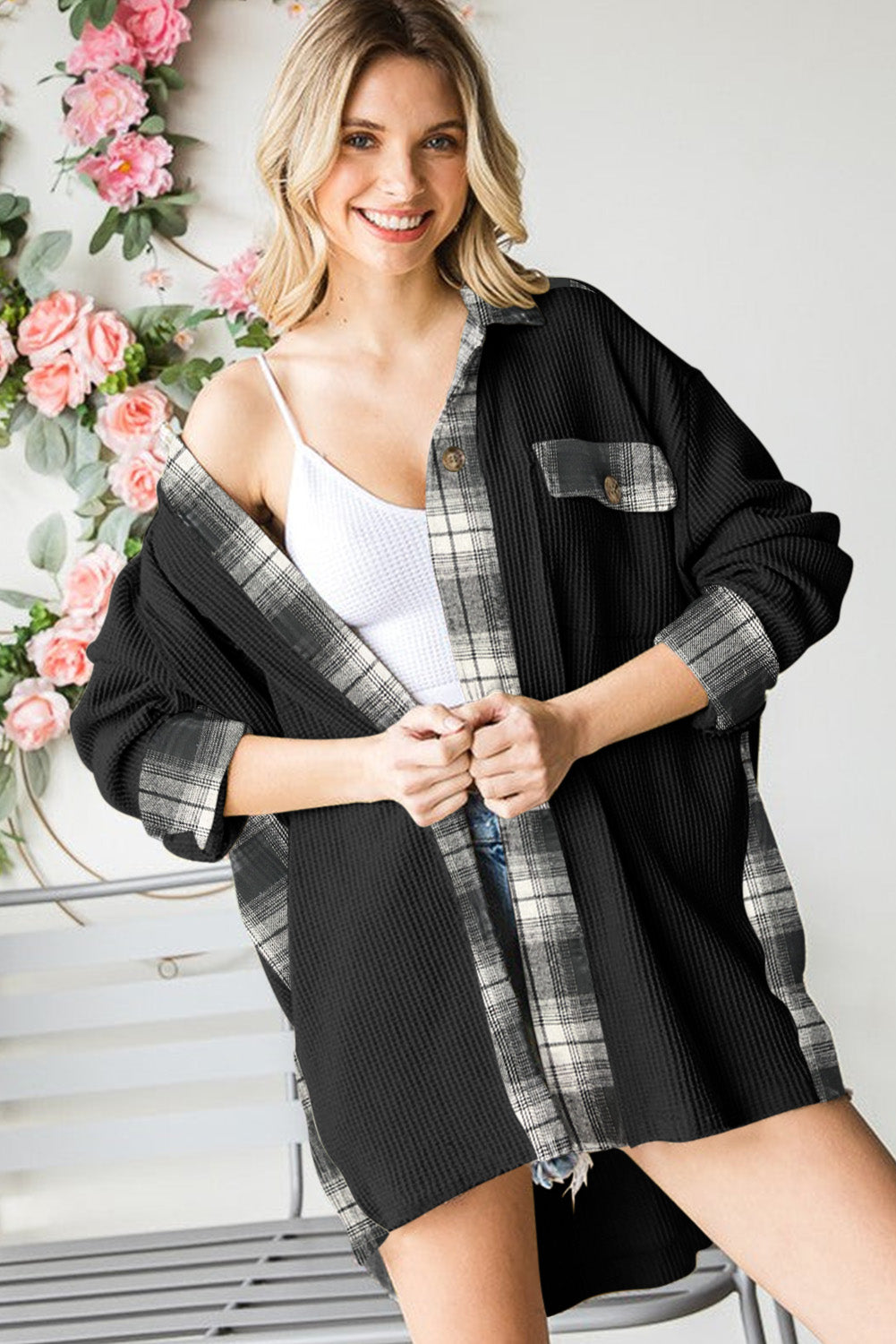 Plaid and Waffle Knit Shacket