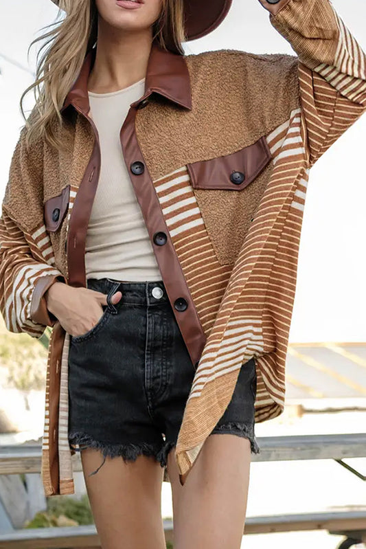 Brown Striped Colorblock Fleece Shacket