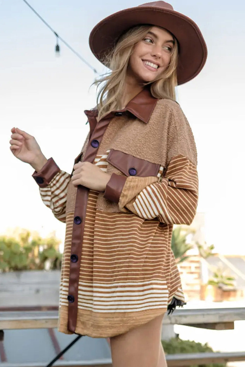 Brown Striped Colorblock Fleece Shacket