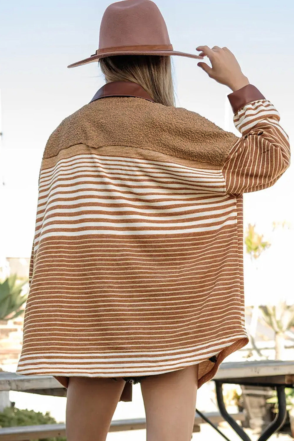 Brown Striped Colorblock Fleece Shacket