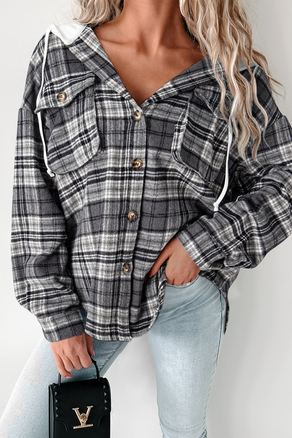 Black Plaid Hooded Button Up