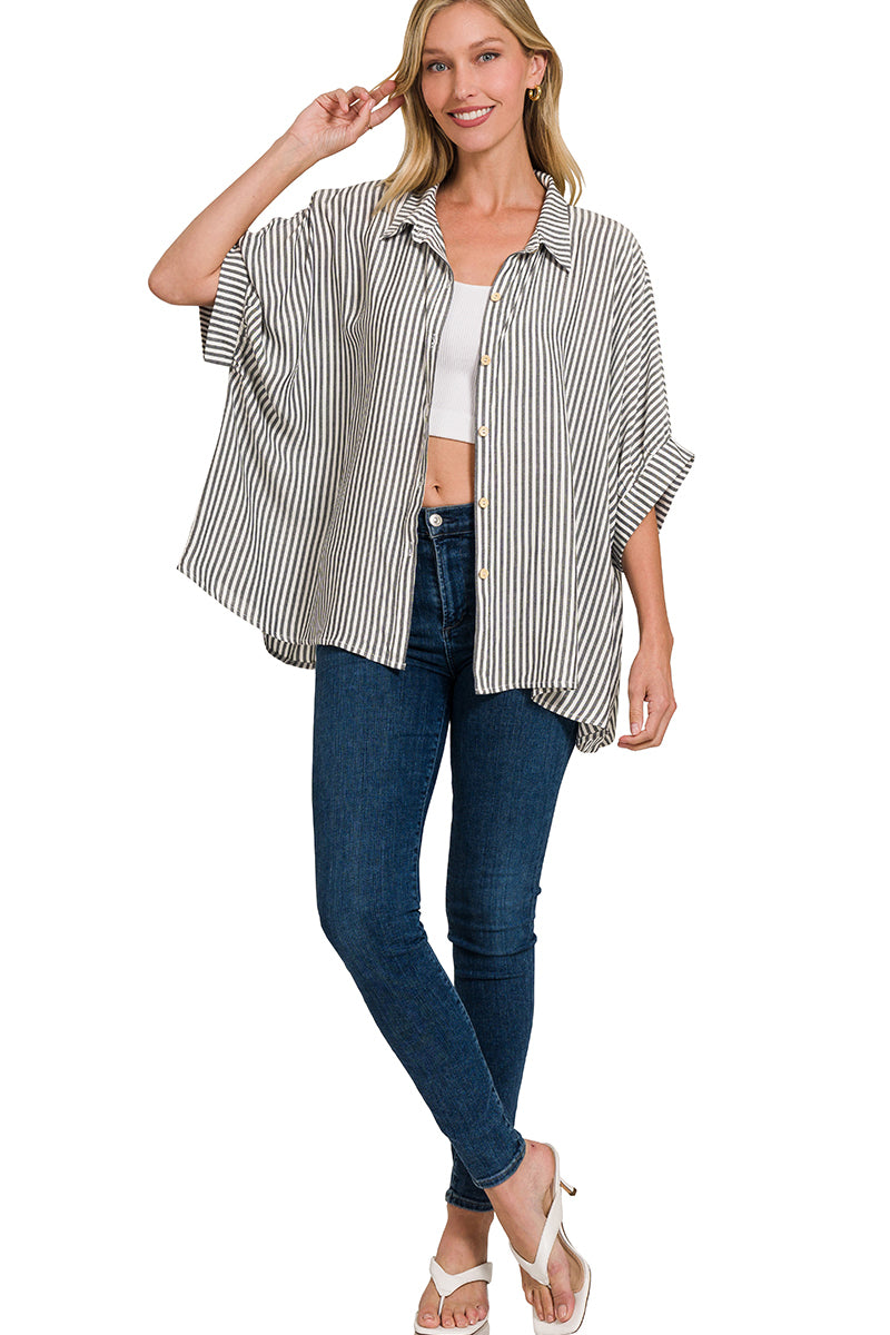 Rayon Striped Short Sleeve Button Up