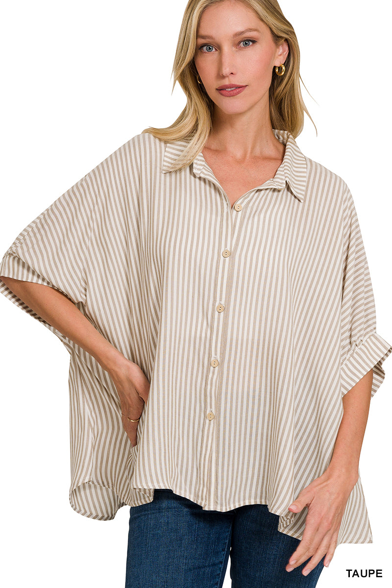 Rayon Striped Short Sleeve Button Up