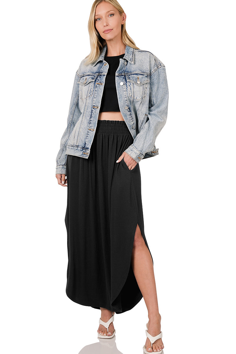 Smocked Waist Side Slit Maxi Skirt