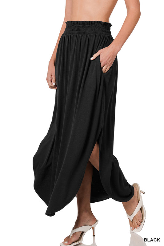 Smocked Waist Side Slit Maxi Skirt