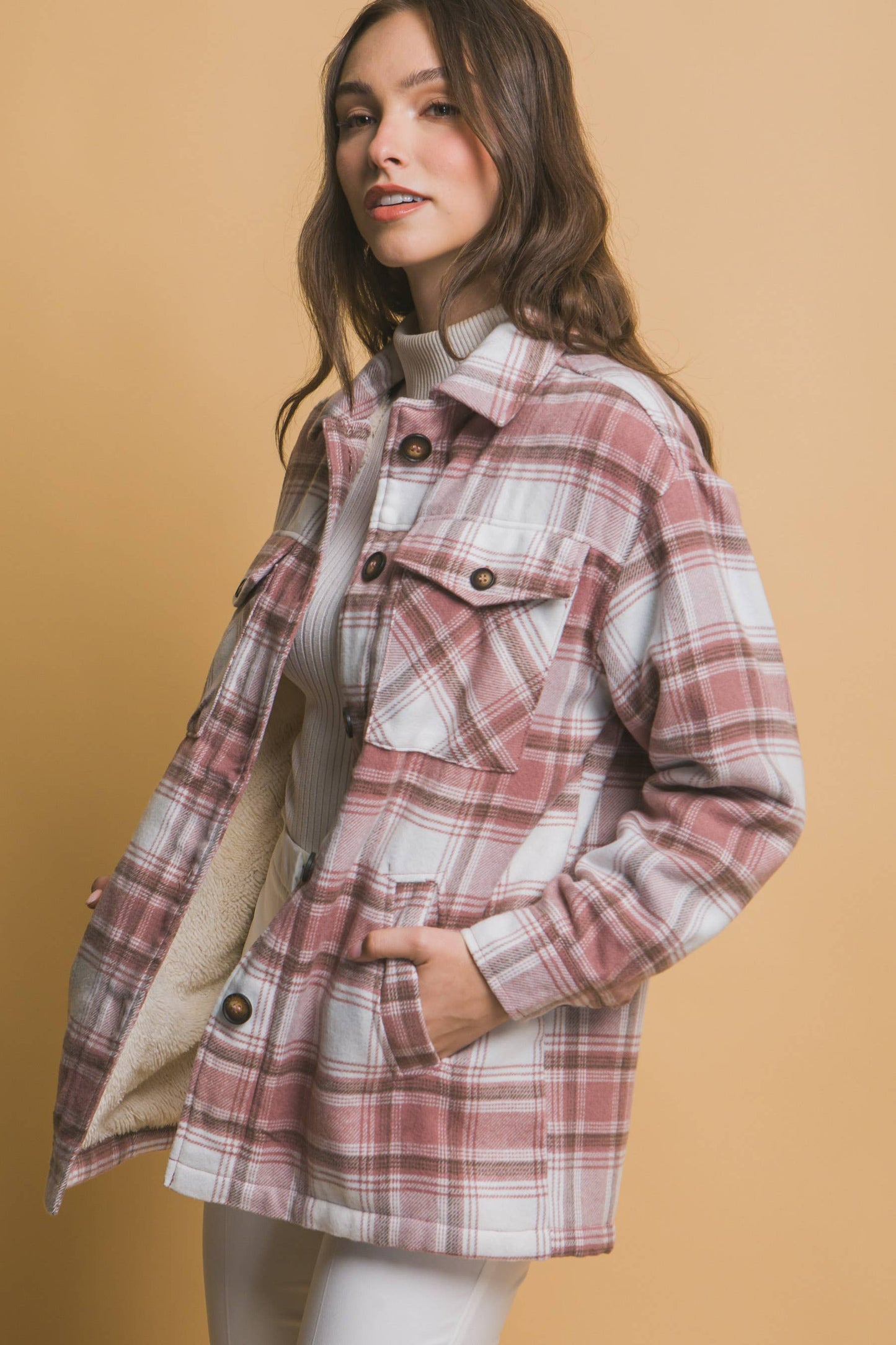 ,.SI-25168 Plaid Button Up Jacket with Sherpa Lining: BLACK-158770 / S