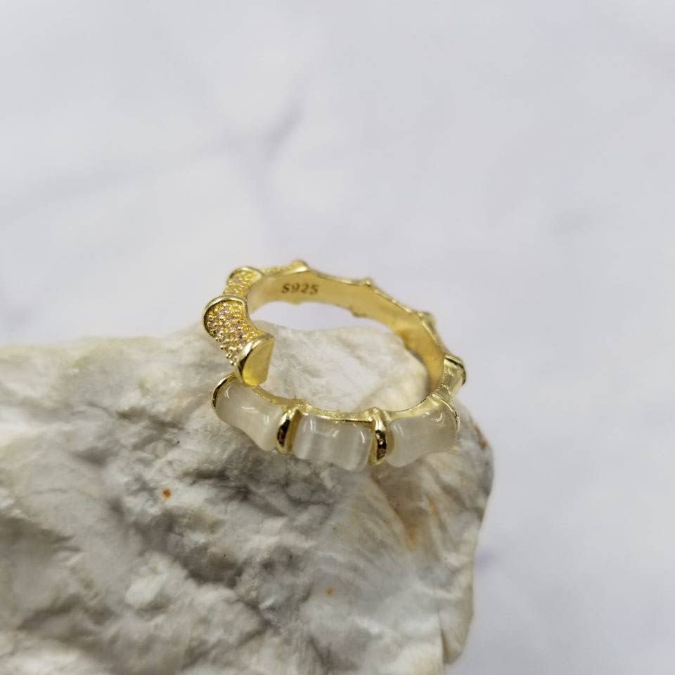 Gold Plated Open Adjustable Crystal Bamboo Ring