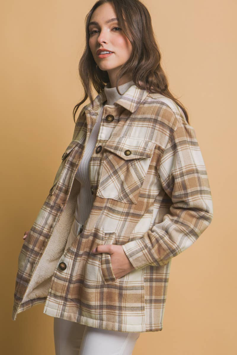 ,.SI-25168 Plaid Button Up Jacket with Sherpa Lining: OLIVE-171021 / S