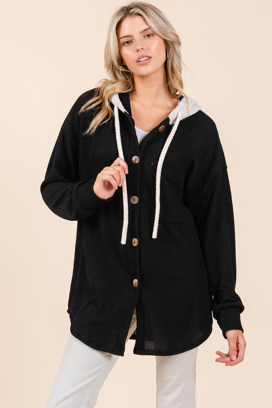 Button Hooded and Ribbed Sweatshirt