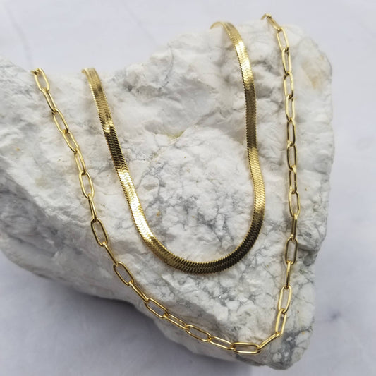 Layer Herring Bone & Paper Clip Chain Necklace - 18K Gold