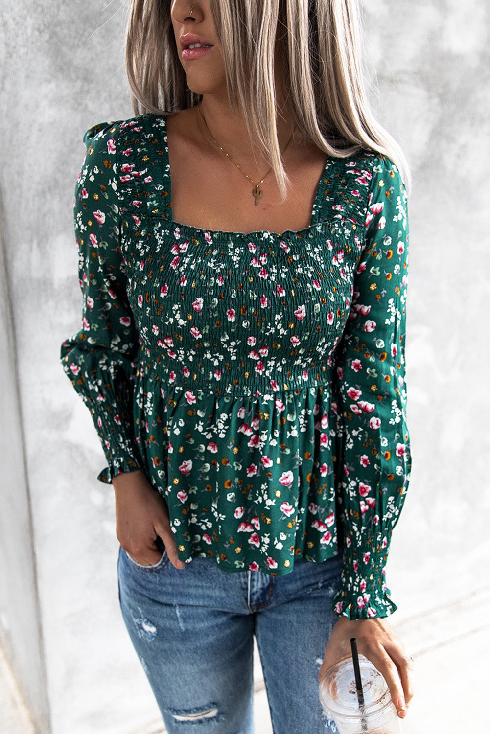 Green Floral Smock Top