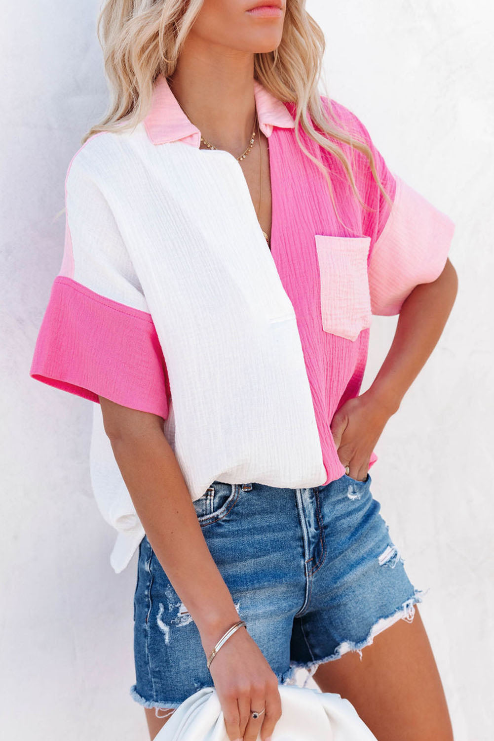 Pink Colorblock Polo Top